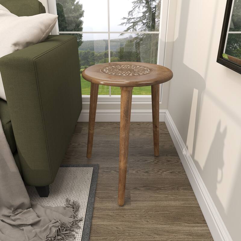 Mango Wood Handmade Intricately Carved Floral Accent Table with Tripod Legs - Dark Brown, White, Brown