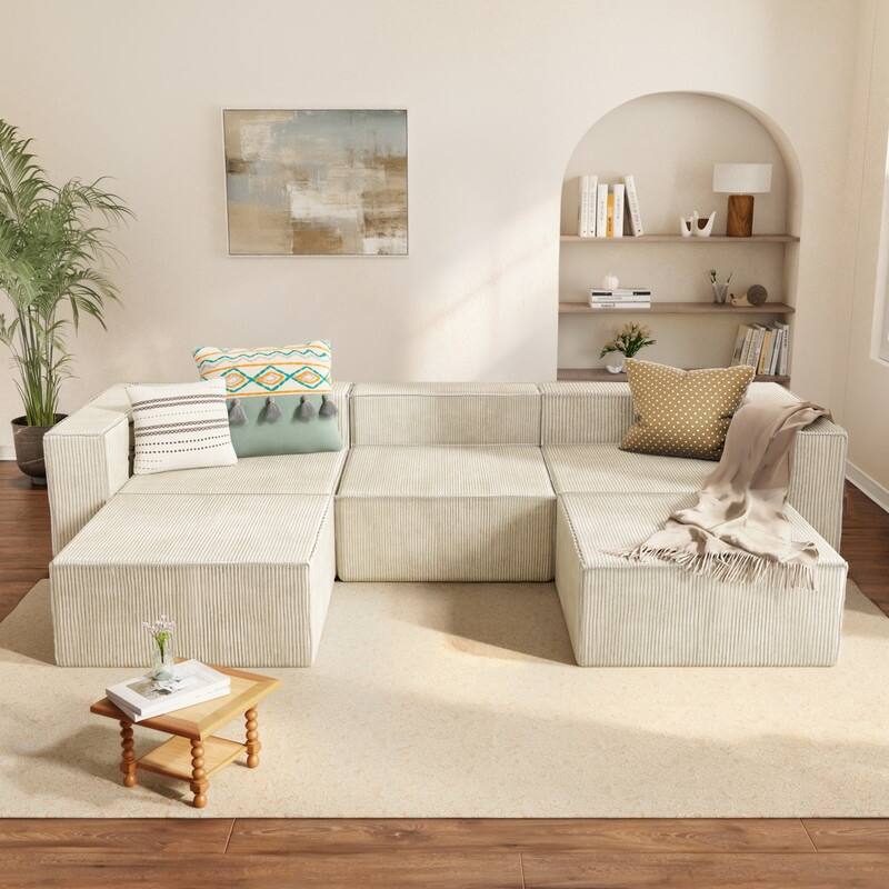 Corduroy Module with Two Ottoman Compression Sofa - Beige Corduroy