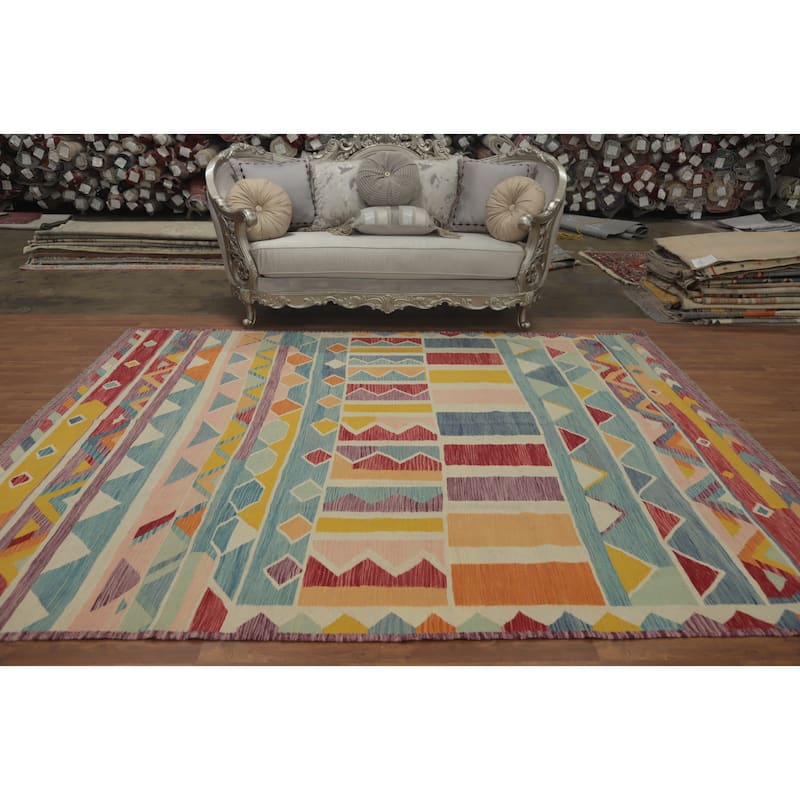 Hand Woven Oriental 100% Wool Carpet Southwestern Tribal Multi-Colored Kilim Area Rug - 9' 10'' X 8' 3''