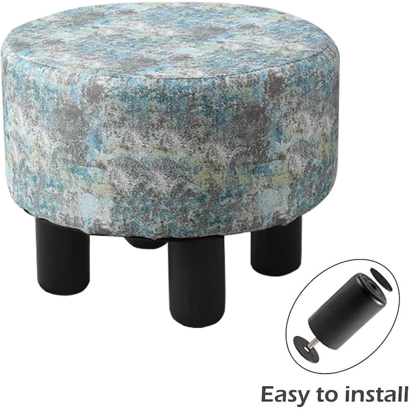 Modern Small Round Linen Ottoman Footstool with Wooden Legs for Bedroom or Living Room