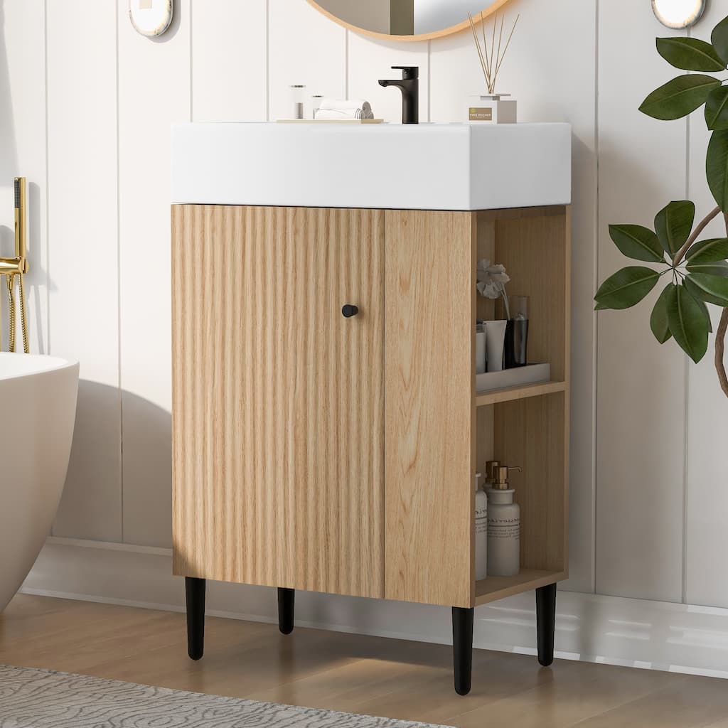 Wood Bathroom Vanity with Sink, Freestanding Single Basin Cabinet, Bathroom Cabinet with Textured Front & Side Storage Shelf