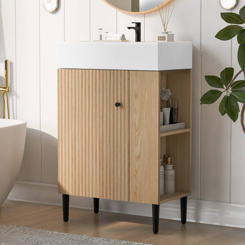 Wood Bathroom Vanity with Sink, Freestanding Single Basin Cabinet, Bathroom Cabinet with Textured Front & Side Storage Shelf - Wood