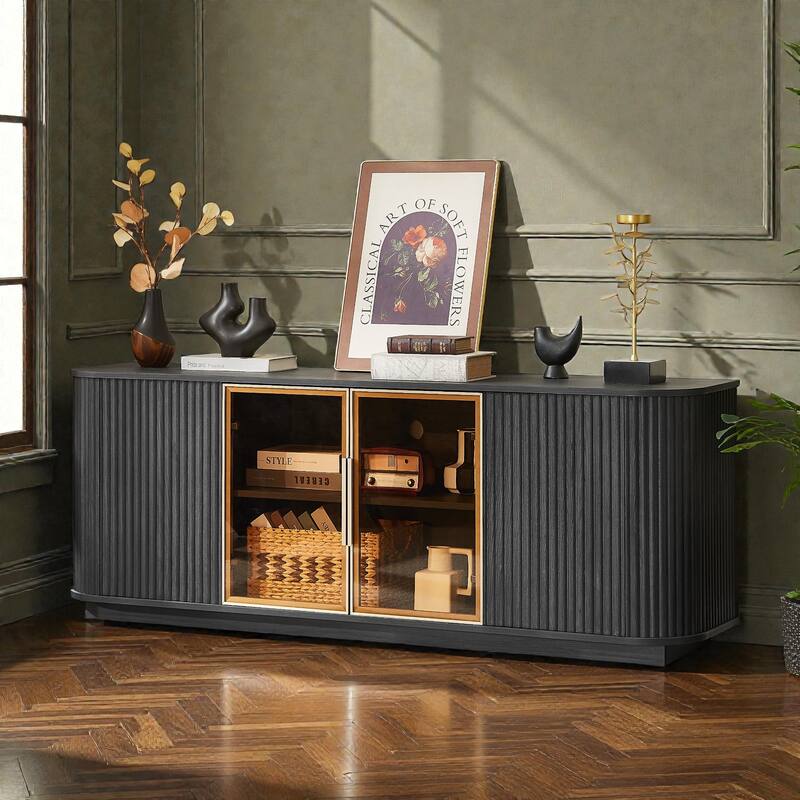 64'' Wavy TV Cabinet with LED Lights, Curved Sideboard with Vertical Stripes & Tempered Glass Doors for Living Room or Bedroom