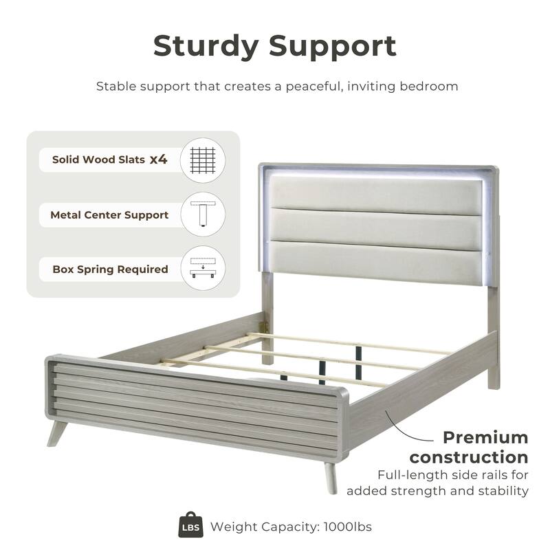 Furniture of America Thalia Modern Grey Wood Upholstered Panel Bed with LED on Headboard