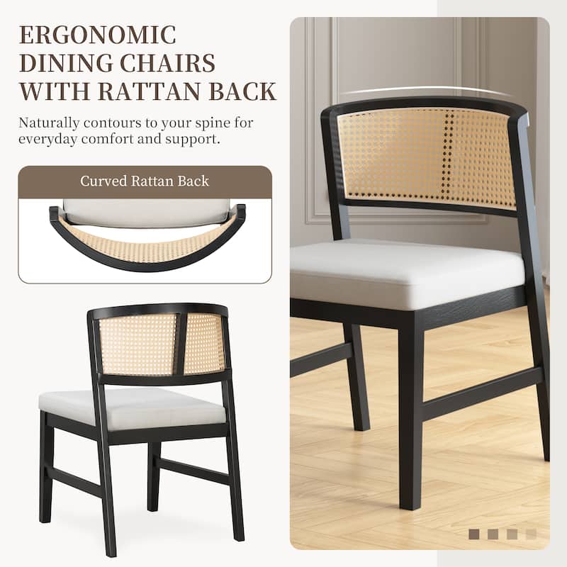 Rattan Dining Chairs Set of 2, Fabric Upholstered Kitchen Side Chair, Curved Rattan Back