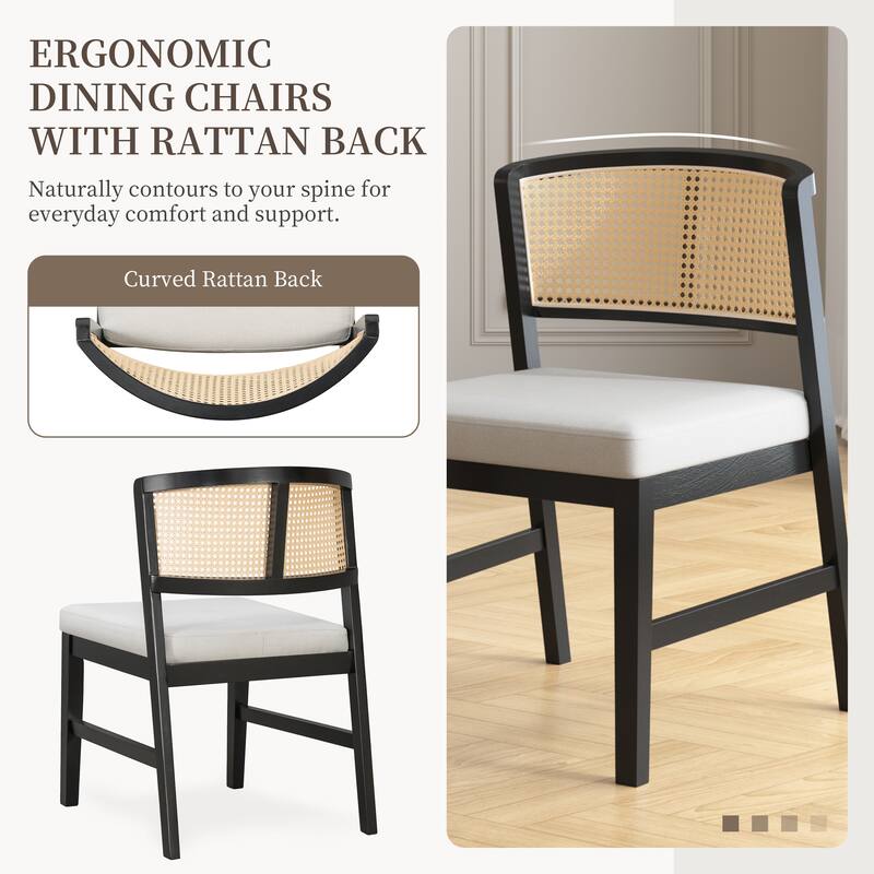 Set of 2 Rattan Dining Chairs - Fabric Upholstered Seat, Curved Rattan Back & Hardwood Frame, Armless