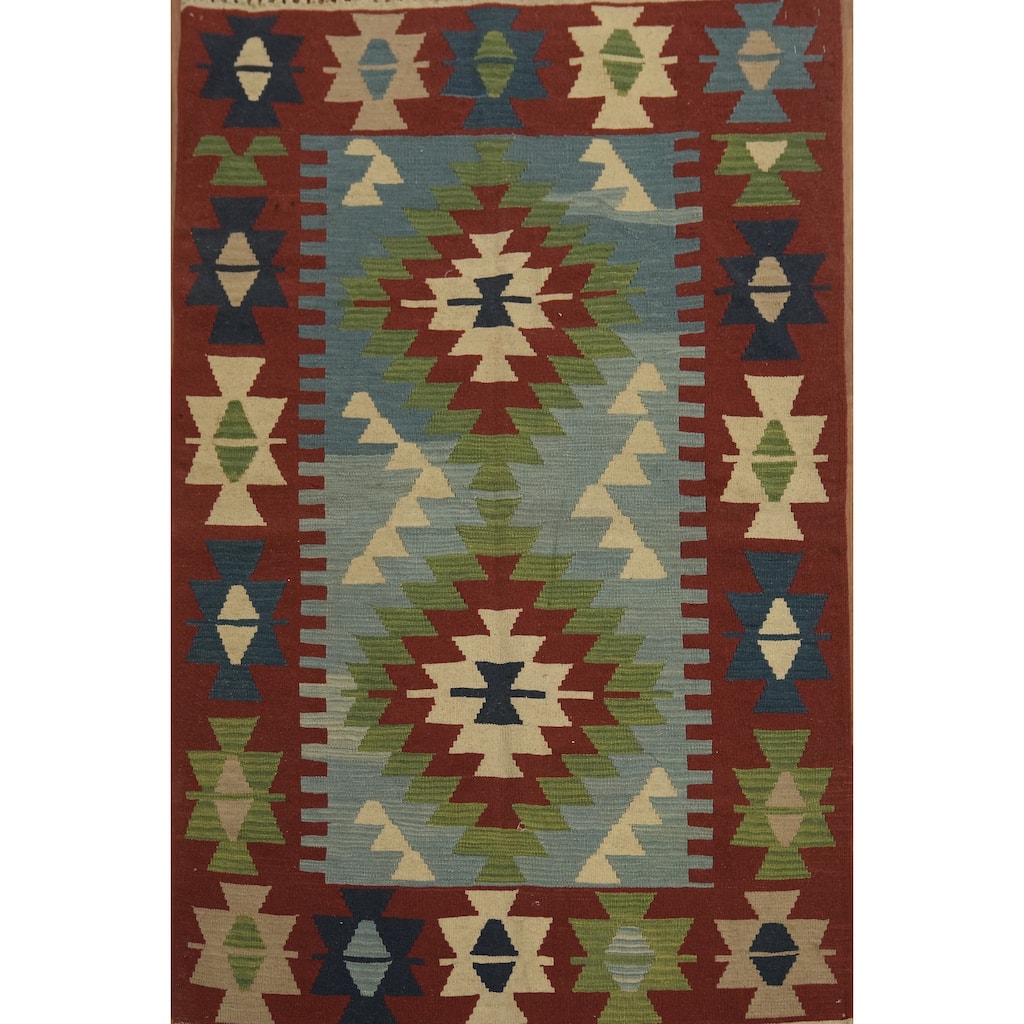 Hand Woven Oriental 100% Wool Carpet Southwestern Tribal Navy Blue & Blues Kilim Area Rug - 6' 0'' X 4' 0''