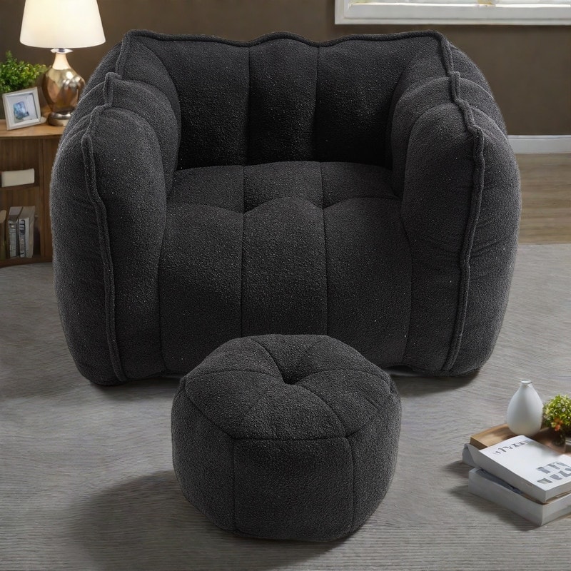 Chenille Bean Bag Chair Sets with Footstool and High-Resilience Foam - Black