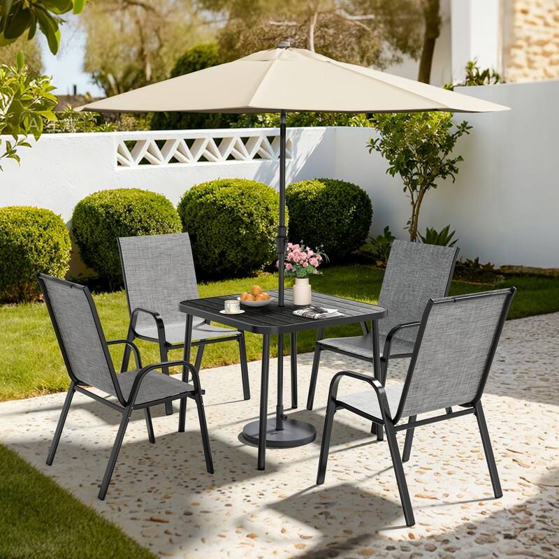 4-Person Patio Dining Set, Textilene Stackable Chairs and Square Table with Umbrella Hole - Beige