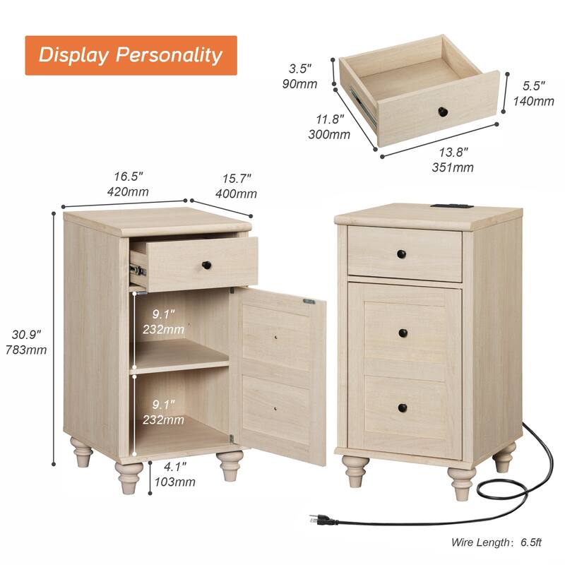 Set of 2 End Tables with Charging Station & Drawer Storage Cabinet