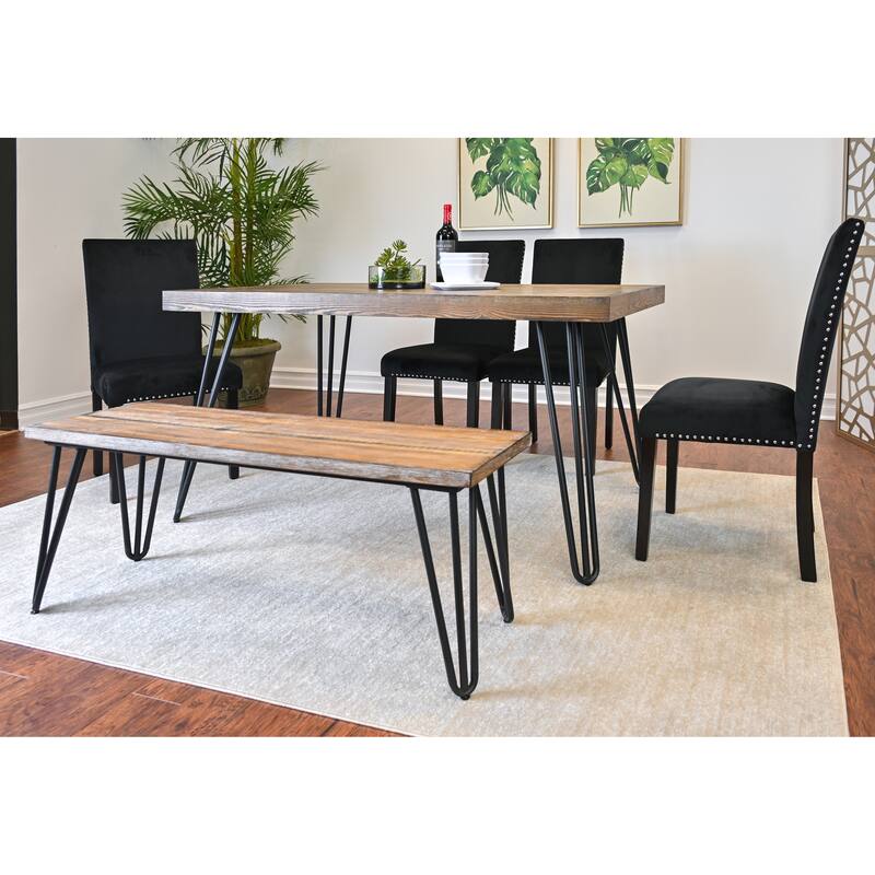 Roundhill Furniture Ashzo 6-Piece Dining Set, Hairpin Dining Table with 4 Chairs and Bench