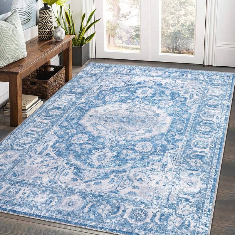 Vintage Medallion Area Rug Washable Rug Indoor Non-Slip Low Pile Throw Rug for Living Room Bedroom - 9'x12' - Blue