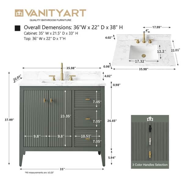 dimension image slide 0 of 10, Vanity Art 36" Single Sink Bathroom Vanity Cabinet with Engineered Marble Countertop