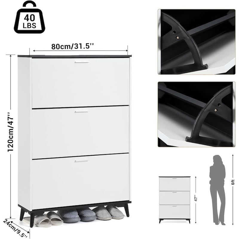 White 3-Drawer Narrow Shoe Cabinet - 47" Tall Wooden Flip Drawer