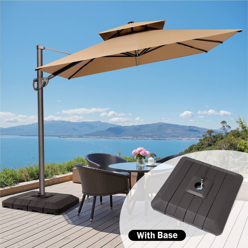 9 x 12 ft Double Top Patio Cantilever Umbrella with Base, 360-degree Rotation - Tan