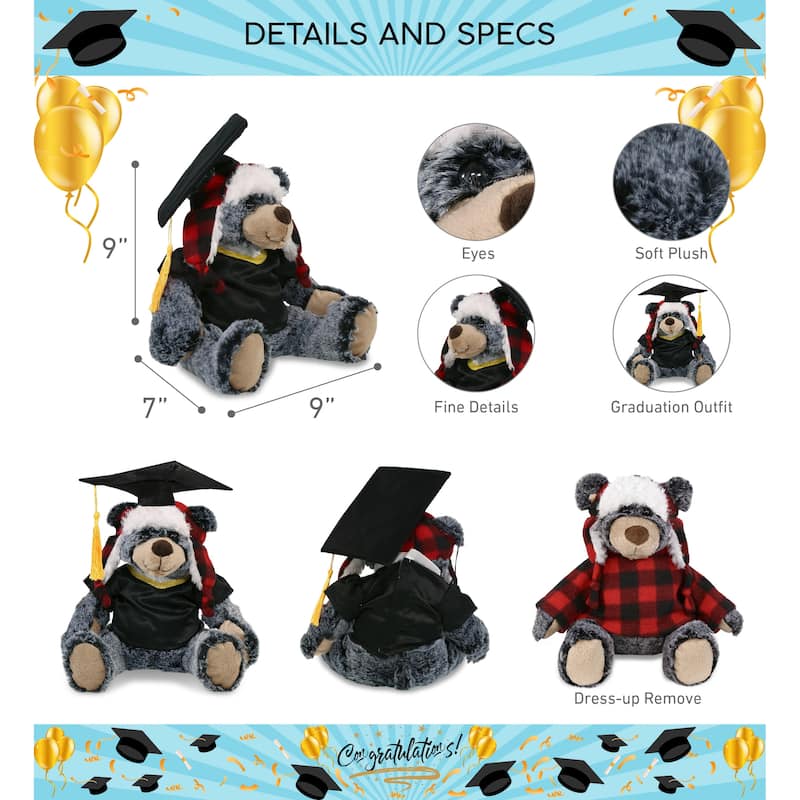 DolliBu Black Bear with Red Plaid Outfit Graduation Plush Toy - 9 inches