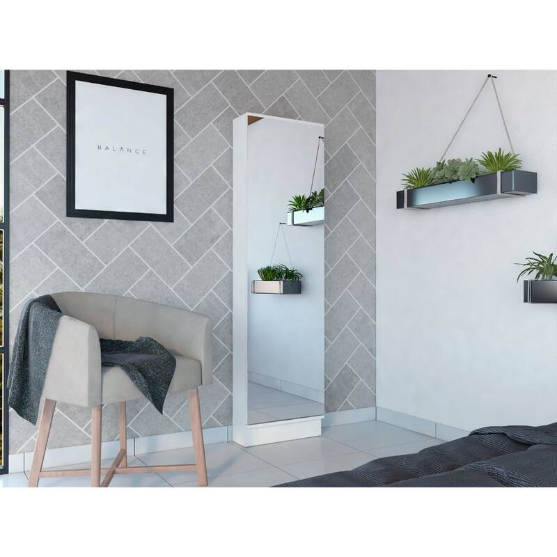 FM Furniture Ruan XL Shoe Rack with Mirror and 5 Interior Shelves - White