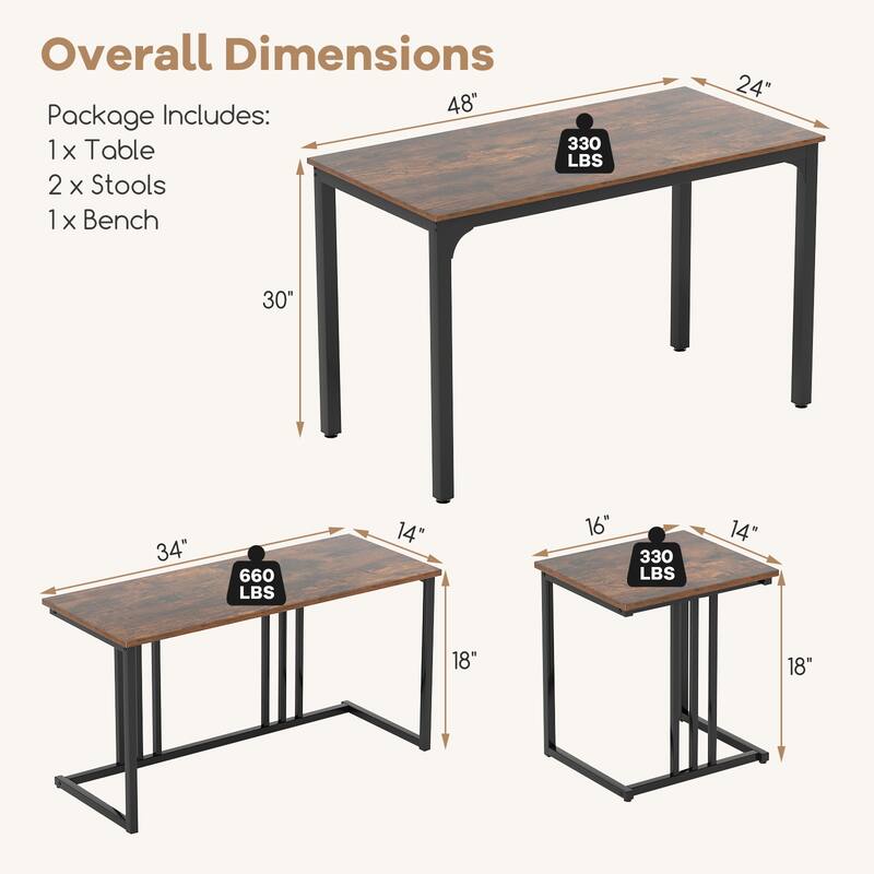 4 Piece Dining Table Set with Bench and Stools for Small Kitchen - 47.5" x 24" x 29.5"