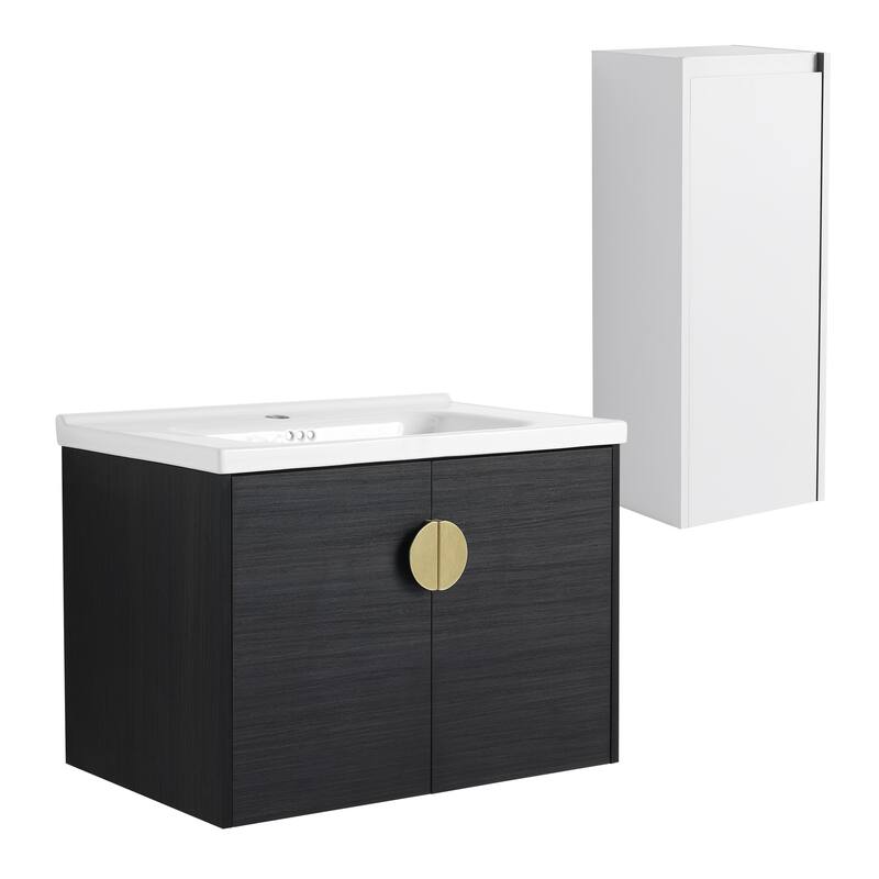 28" Wall-Mounted Bathroom Vanity With Ceramic Sink and Side Cabinet, Soft Close Doors, Combination Cabinet