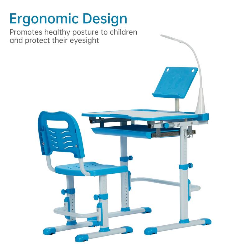 Ukuowu Height Adjustable Child's School Study Kids Desk and Chair Set with Tilt Desktop, LED Light, Storage Drawer, Book Stand