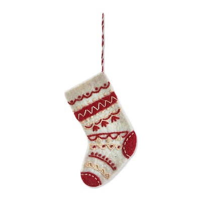 Embroidered Stocking Gift Card Holder Red Wool Holiday Ornament 5.5 x 3.75 x 0.5 Inches Christmas Decor