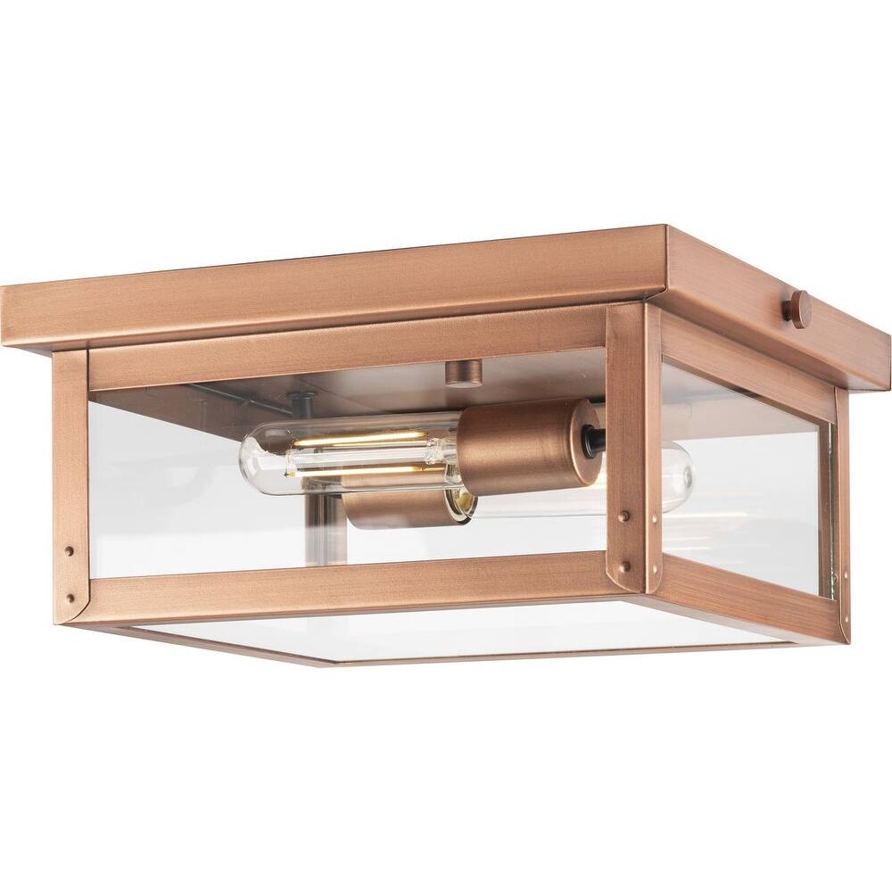 Union Square Two-Light Antique Copper Urban Industrial Outdoor Ceiling Light - 12.37 in x 12.37 in x 5.5 in