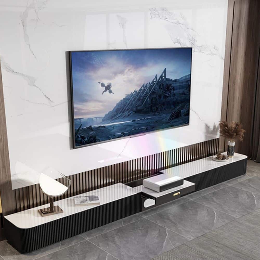 Modern TV Stand for Projector, Sintered Stone TV Cabinet with Drawers for Home Theater, Oak Veneer MDF, Black & White
