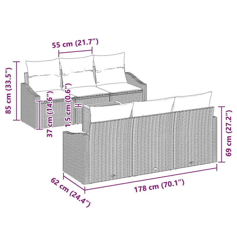 vidaXL 7 Piece Garden Sofa Set with Cushions Black Poly Rattan Acacia - 70.1×24.4×27.2