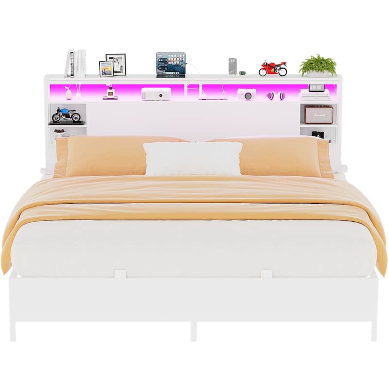 Bed Frame with Charging Station and RGB LED Lights, Sturdy Platform Bed with Storage Headboard,