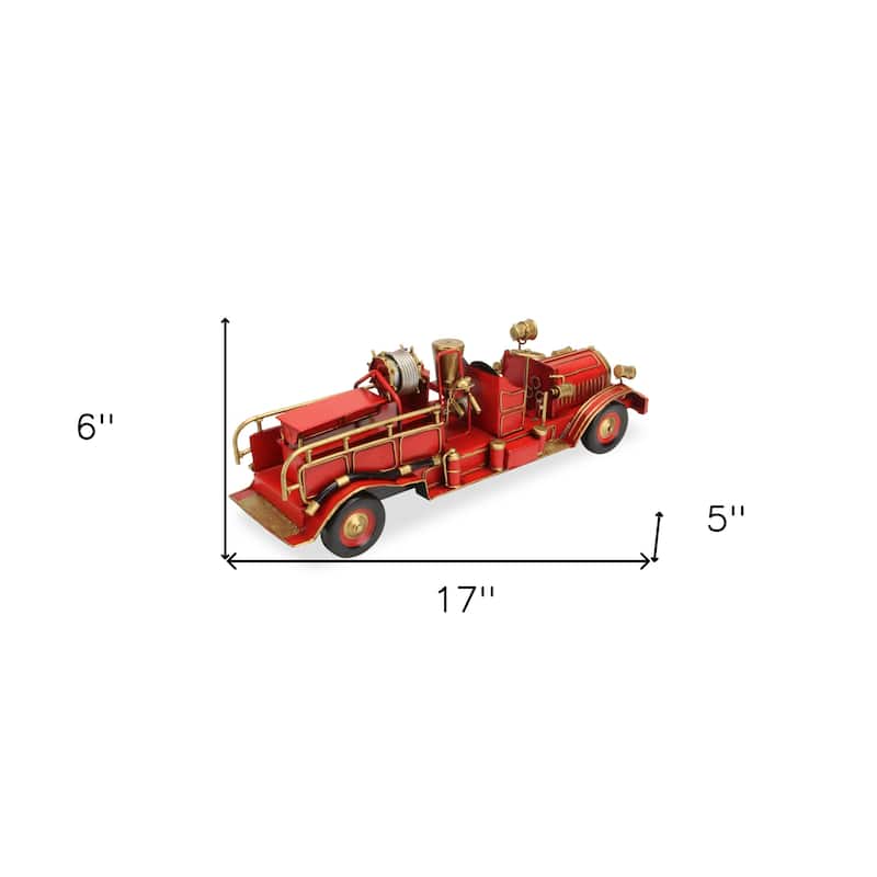 HomeRoots 6" Red and Gold Metal Hand Painted Early 20th Century Red Fire Engine Model Car - 17' X '6' X '5
