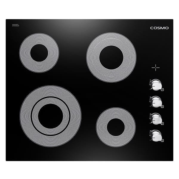 slide 2 of 13, Cosmo 24 in. Electric Ceramic Glass Cooktop with 4 Elements, Dual Zone Element, Hot Surface Indicator Light and Control Knobs