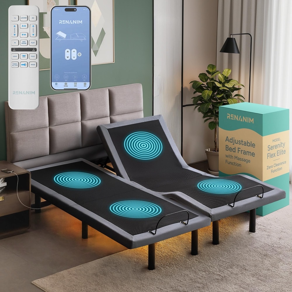 Renanim Adjustable Bed Base with Dual Massage - USB, Under Bed Light, Zero Gravity, App Control, Head and Foot Incline