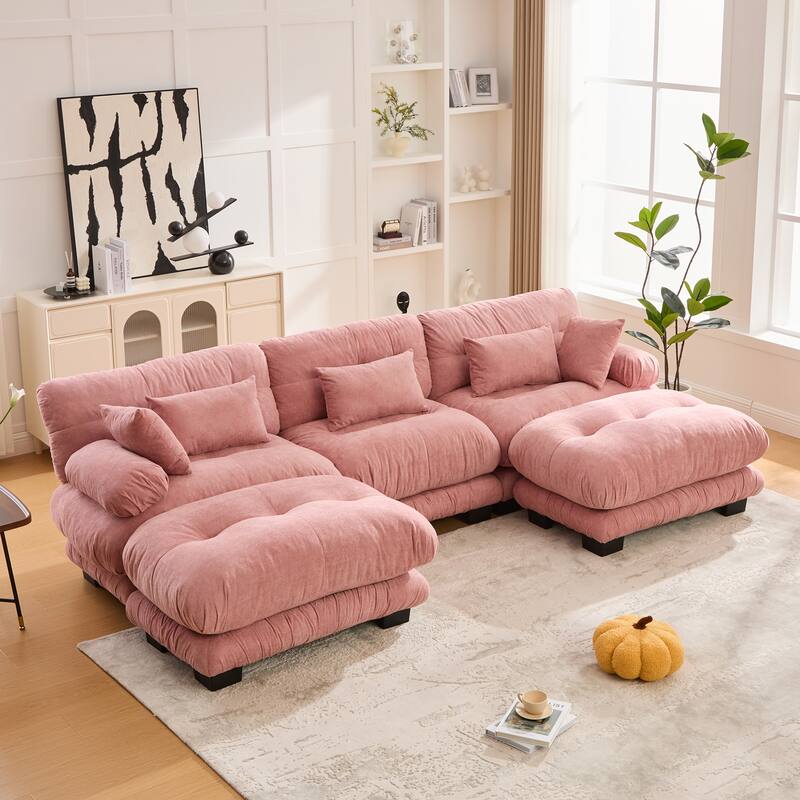 118'' Large U Shape Sofa Velvet Modular Sofa with 2 Ottomans for Living Room - Pink