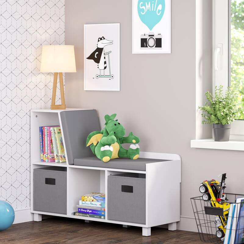 RiverRidge Kids Reading Nook Cushioned Toy Storage Bench with Cubby Organizers with Optional Fabric Bins- White - White with Gray Bins
