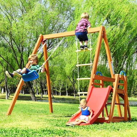 Outdoor Backyard Playground Climb Swing Set with Slide for Kids