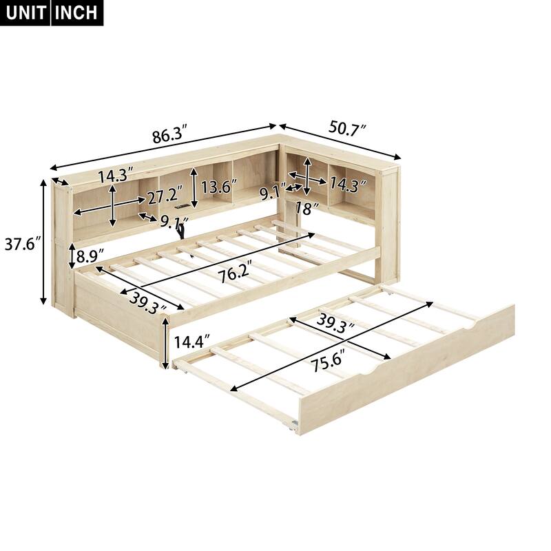 Roomfitters Twin Daybed with Pull-Out Trundle, Storage Cabinets and USB Charging Ports, Wood