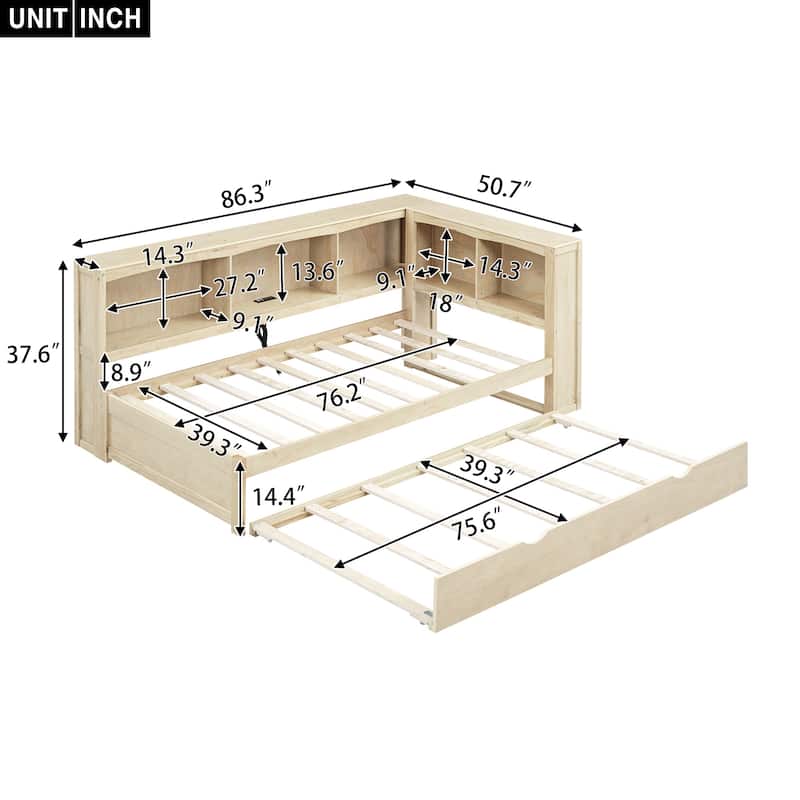 Twin Size Daybed with Trundle, Storage Cabinets, USB Ports, Wood Color