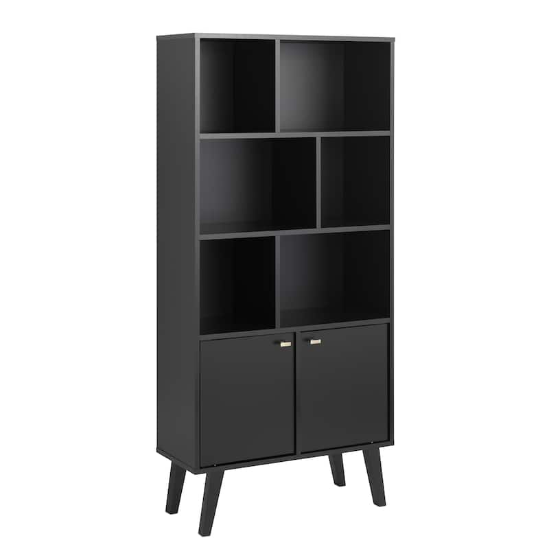 Prepac Milo Mid-Century Modern Bookcase with Six Shelves and Two Doors - 29 in. W x 62.25 in. H x 12 in. D