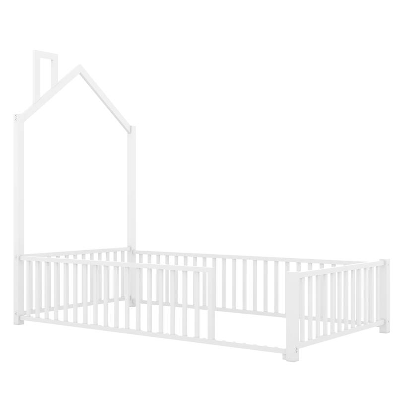 Twin Size Metal House Platform Bed with Guardrail and Chimney, White