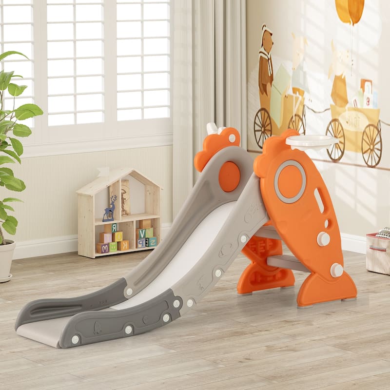 4 in 1 Indoor Slide for Kids Age 3+ Years with Basketball Hoop and Rings-Orange - Multi - Multi