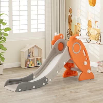 4 in 1 Indoor Slide for Kids Age 3+ Years with Basketball Hoop and Rings-Orange - Multi
