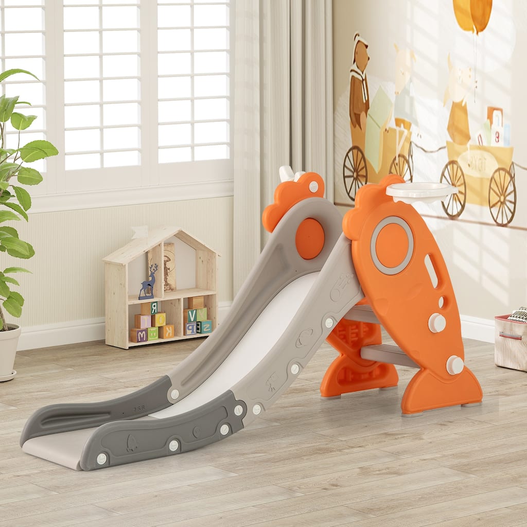 4 in 1 Indoor Slide for Kids Age 3+ Years with Basketball Hoop and Rings-Orange - Multi