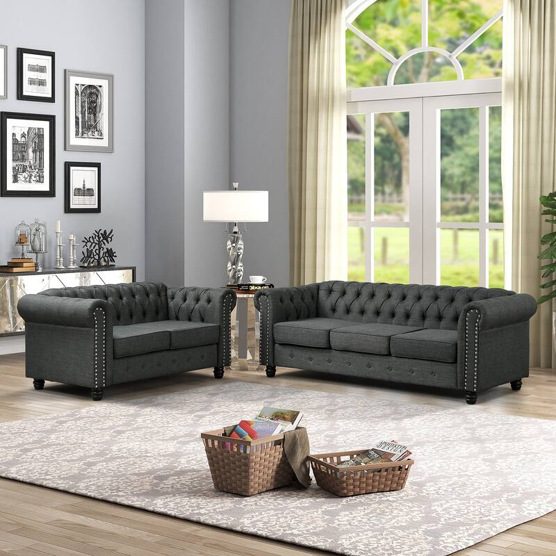 Morden Fort Tufted Upholstered Chesterfield set Loveseat, Sofa 2 PCS for Living Room, Fabric, Linen - Grey