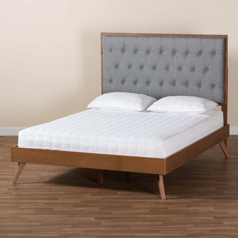 Dericia Classic and Traditional Grey Fabric and Walnut Brown Finished Wood Platform Bed