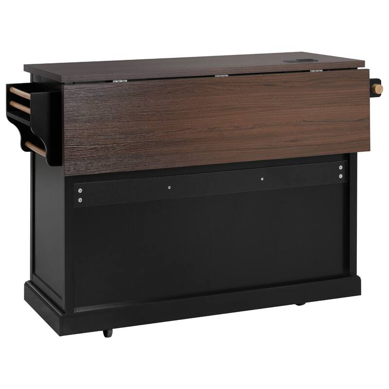 54.9" Kitchen Island with Drop Leaf, Storage, Barn Doors & Power Outlet