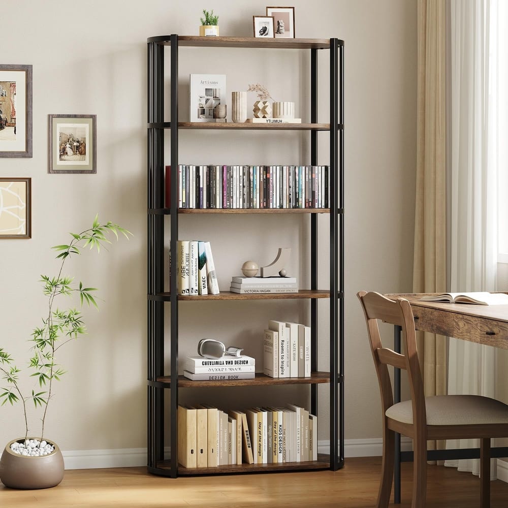 71 Inch Industrial Wooden Bookshelf - 6 Tier Tall Bookcase, Metal Frame Large Storage Shelf