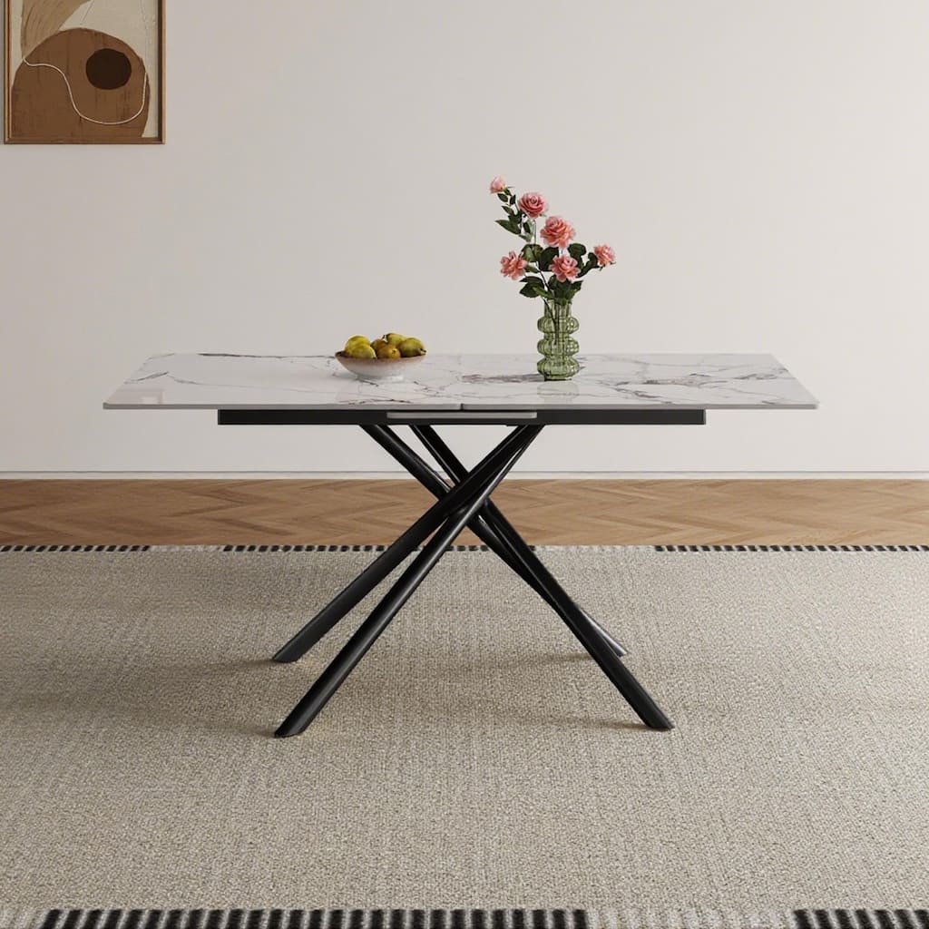 59-inch Modern rectangle Expandable Dining Table with Retractable Leaf, Sintered Stone Top & Black Carbon Steel X-Base