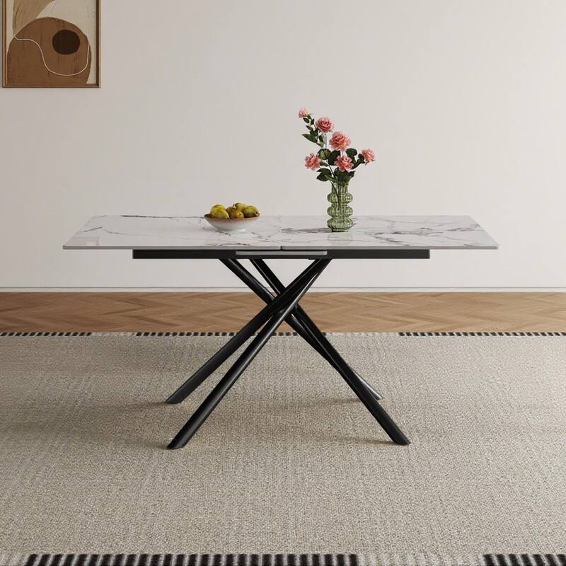Home Office Table Meeting Table, Expandable Dining Table with Retractable Leaf, Kitchen Table with X-Base