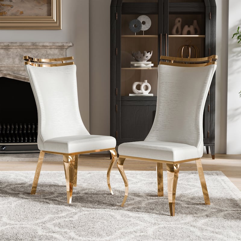 Furniture of America Thaddeus Glam Stainless Steel Upholstered Dining Side Chair (Set of 2) - White & Gold
