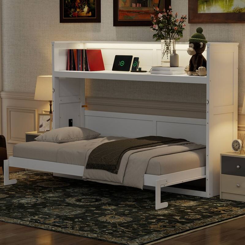 Farmhouse Style Twin XL Size Murphy Bed with Open Shelf, Folding Bed Frame with LED Light and Charging Station